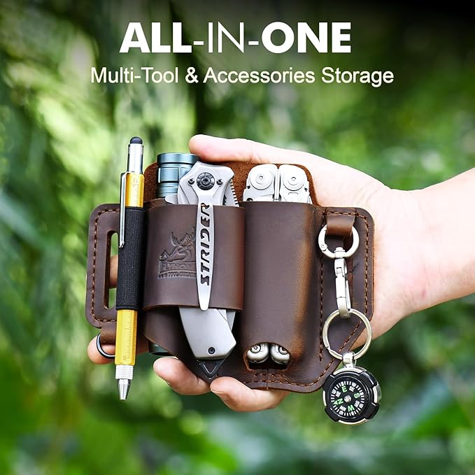 FLYHOMES Genuine Leather Multitool Sheath | Handmade Stitched EDC Belt Organizer for Leatherman Surge | Flashlight, Knife Holster, Pen & Tools Pouch | Dark Brown (Large)