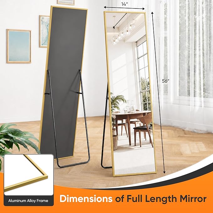 Suidia Full Length Mirror, 56"x14" Floor Standing Mirror Freestanding, Full Body Mirrors with Stand for Bedroom, Hanging Mounted for Living Room Cloakroom, Gold, Rectangular Style