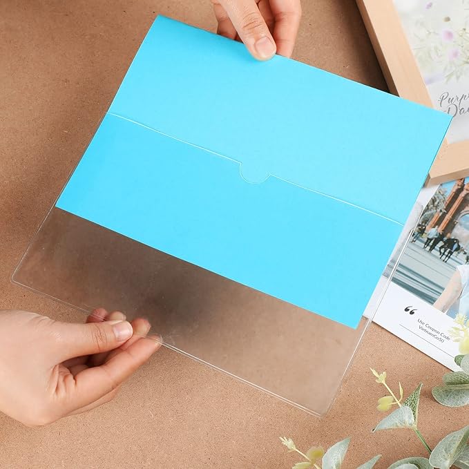 Outus 200 Pack 5 x 8.4 Inch Self Adhesive Label Pockets Bulk Plastic Labels Holders for Storage Bins Clear Classroom Nameplate Sleeves Index Card Tote Photos Waterproof Protect Office