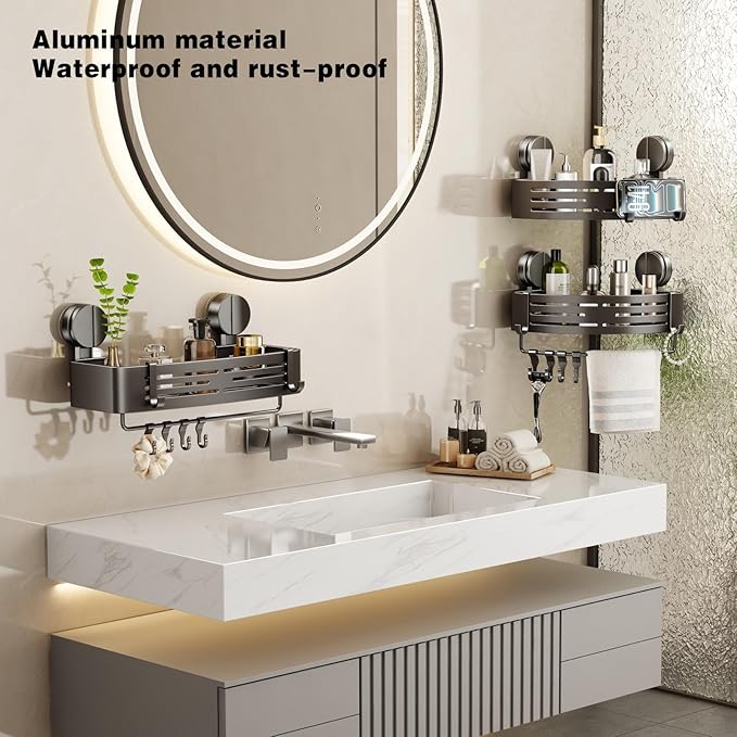VOLPONE Shower Caddy Suction Shower Shelf No Drilling Shower Organizer Suction Cup Shower Storage Rack Aluminum Wall Mounted Shampoo Holder with Towel Bar Hooks (3-Pack, Matte Gray)