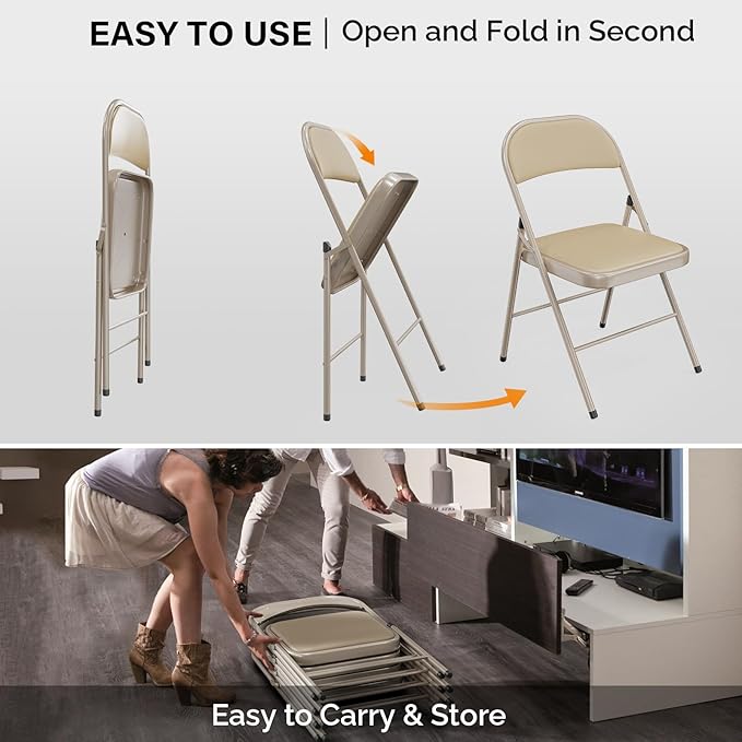 VINGLI 1 Pack Folding Chairs with Padded Seats, Metal Frame with Pu Leather Seat & Back, Capacity 350 lbs, Set of 1, Khaki