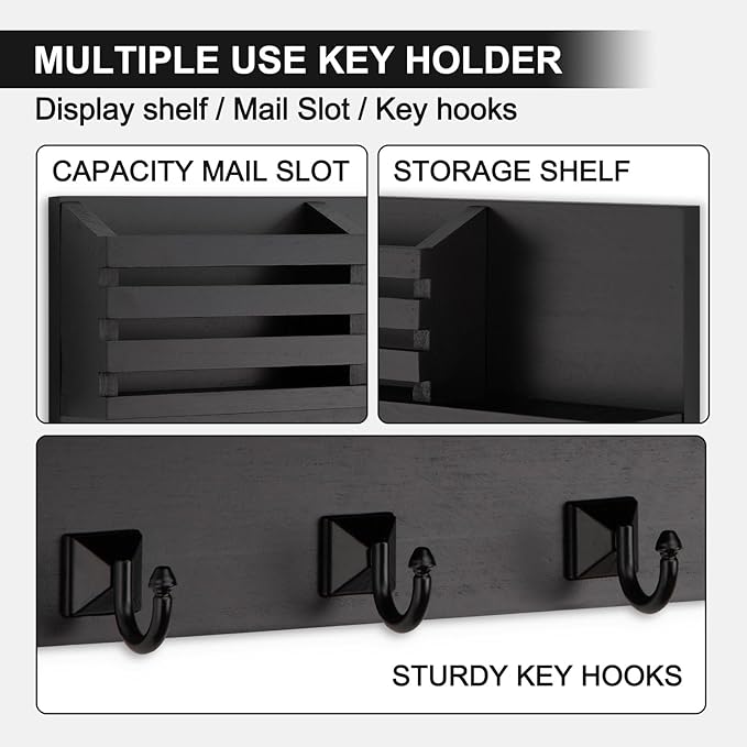 Key Holder Wall Mount, Mail Organizer for Wall with 5 Square Rustic Key Hooks Key Shelf Farmhouse Home Decor for Entryway