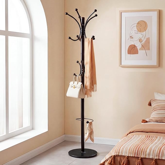 Metal Coat Rack Freestanding with Natural Marble Base, 360° Roraty Coat Rack Stand with 16 Hooks & Umbrella Holder, Black Heavy Duty Coat Rack for Coats Hats for Entryway Bedroom (Black)