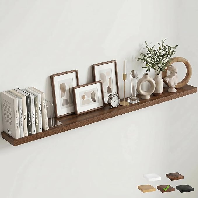 Venusmiles Floating Shelves for Wall, 72 Inch Floating Shelves Set of 1, 6.5" D Wooden Wall Mounted Display Shelves with Invisible Brackets for Living Room, Bedroom, Bathroom, Kitchen Decor, Walnut