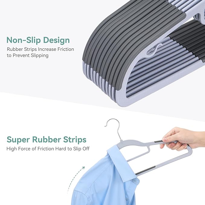 NCXTKJ 50-Pack Heavy Duty Coat Hangers, Non-Slip, 0.2'' Slim, 360° Swivel Hook, 16.5 Inches Wide, Space-Saving Plastic Clothes Hangers for Suit, Shirt & Pants, Light and Dark Gray
