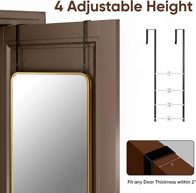 Antok 58''x 20'' Full Length Mirror Over Door, 4-in-1 Standing Leaning Wall Mounted, Adjustable Hanging Mirror for Bedroom Living Room, Gold, Rounder Corner