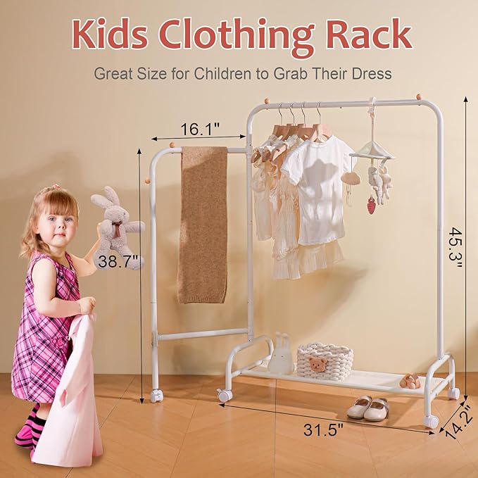 YGJT Multifunctional Kids Clothing Rack, Baby Garment Rack for Hanging Clothes with Wheels and Bottom Storage Shelf, Small Clothes Rack Dress Up Storage Rack for Coats, Skirts, Costume(Single)