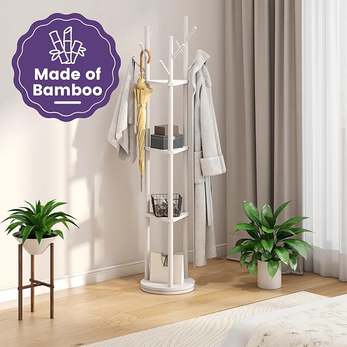 Rotating Coat Rack, Freestanding Coat Rack with 3 Shelves and 9 Hooks Clothes Organizer Coat tree for Bedroom, Entryway, Livingroom (Black)