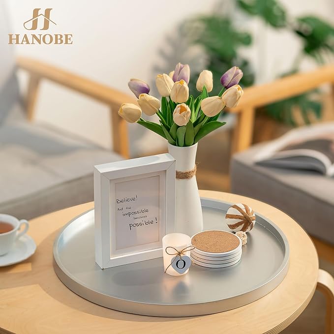 Hanobe Decorative Coffee Table Tray: Silver Wood Tray Round Rustic Wooden Trays Circle Farmhouse Centerpiece Candle Holder for Home Decor Ottoman Counter Display Living Room Organizer 18"