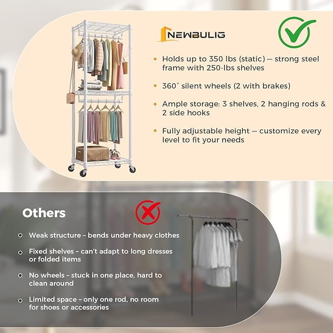 NEWBULIG Heavy Duty Adjustable Clothes Rack with Wheels, Adjustable Rolling Metal Freestanding Garment Closet Organizer with Double Rods & 2 Side Hooks for Hanging Clothes, 23" x 15" x 75", White
