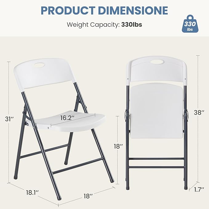 DUMOS 2 Pack Folding Chairs Heavy Duty - Plastic Stackable Portable Dining Chairs Set, Wedding, Party, Patio, Garden, for Indoor Outdoor, for Home and Office, Conference, White