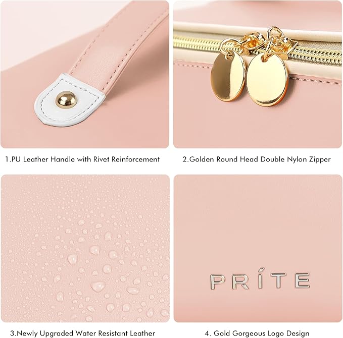 Prite Makeup Bag for Women Travel Waterproof Vegan Leather Cosmetic Bag Open Flat Toiletry Bag With Clear Divider and Handle (Pink, Large)