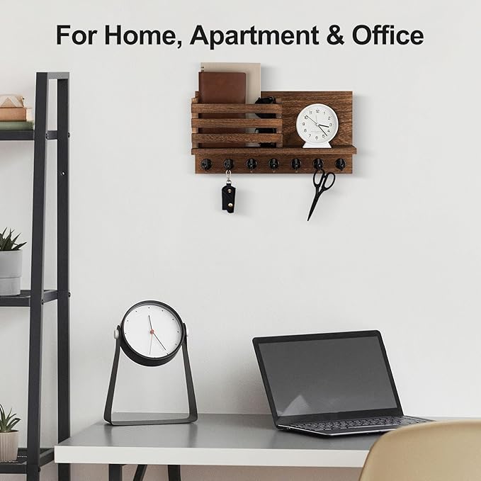 Lwenki Key Holder for Wall – Decorative Wooden Mail Holder and Key Shelf with Mounting Hardware, Installation Guide – Paulownia Wood with Metal Key Hooks (Brown, Extra Large - 15.6inch)