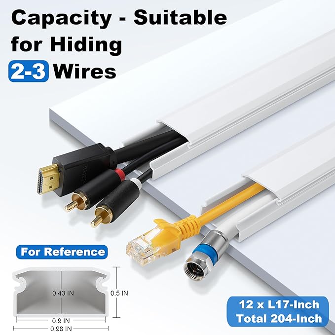 ZhiYo Wall Cable Hider, Cord Hider to Hide 2-3 Cords, TV Wire Hider for Wall, 204in Cable Management Kit, 12 x L17in Cable Raceway White, Paintable Cable Concealer, W0.98in x H0.5in