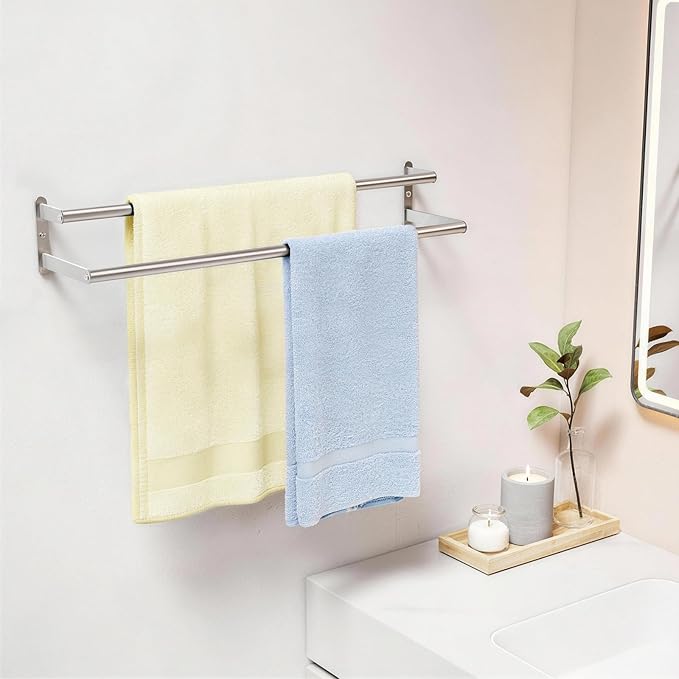 Double Towel Bar 24 Inch, Towel Rack for Bathroom, Stainless Steel Double Bath Towel Rack Wall Mounted, Bathroom Towel Holder Towel Rod for Wall, Brushed Nickel