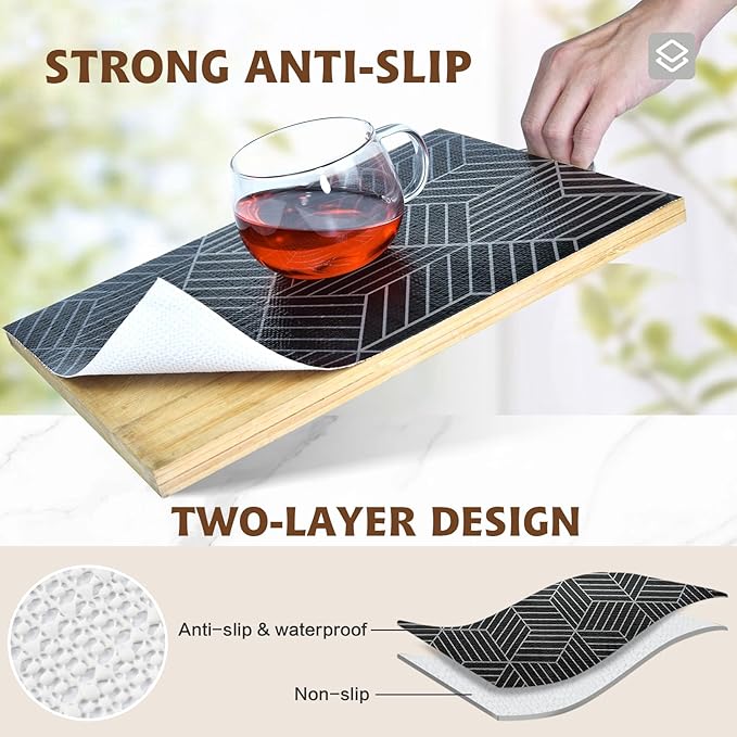 Shelf Liners for Kitchen Cabinets 23.6in x 20FT, Non Adhesive Cabinet Liner Strong Non-Slip Black and Silver Geometric Drawer Liner, Easy to Clean for Shelf, Cabinet with Knife and Tape Measure