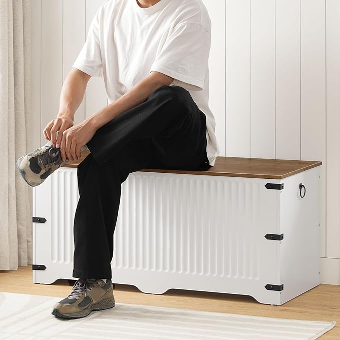 HOOBRO Storage Bench, Toy Box Organizer, Toy Chest with Safety Hinge, Farmhouse Style Storage Chest, 39.3 x 15.7 x 17.7 Inches for Living Room, Bedroom, Entryway, White and Walnut WH26CW01