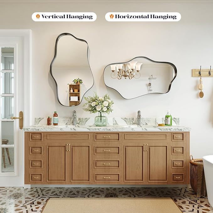 Large Irregular Wall Mirror, 28” x 50” Wavy Decorative Mirror with Modern Shaped, Black Asymmetrical Mirrors for Bathroom, Entryways, Living Room, Vanity