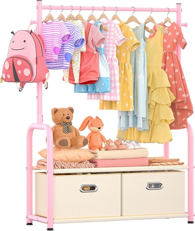 Kids Dress Up Rack Small Baby Closet Organizer for Hanging Clothes Kids Clothes Rack with 2 Tier Storage Racks and 2 Adjustable Hanging Poles (Upgrad, Pink)