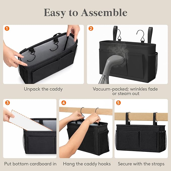 Lifewit Bedside Caddy Storage Organizer, Hanging Storage Bag with Fixed Straps, Book Remotes Holder for Home, College, Dorm, Bunk, Hospital, Crib Bed Rails, Black