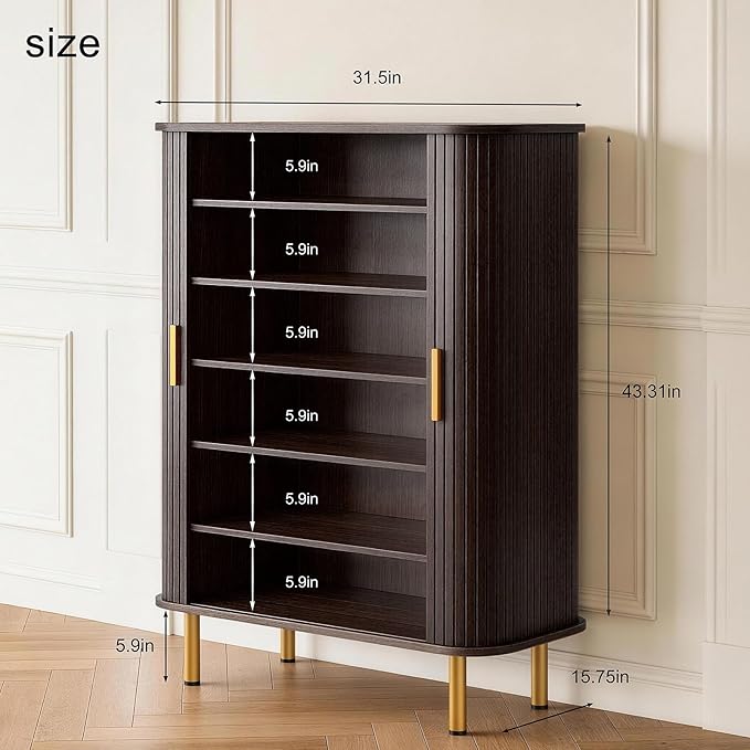 DHH Shoe Storage Cabinet with Sliding Door, 6-Tier Shoe Cabinet with Adjustable Shelves, Modern Freestanding Shoe Storage Organizer for Entryway, Hallway, Living Room (Dark Walnut, 31.5 ")