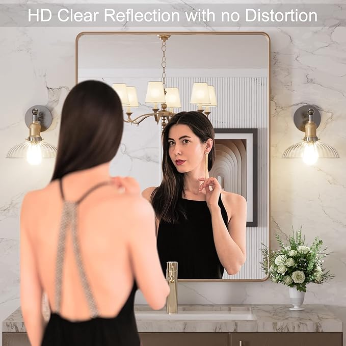 LOAAO 28”X36” Gold Bathroom Mirror, Rounded Rectangle Gold Frame Mirror, Brushed Gold Bathroom Vanity Mirror Wall-Mounted, Anti-Rust, Hangs Horizontally or Vertically