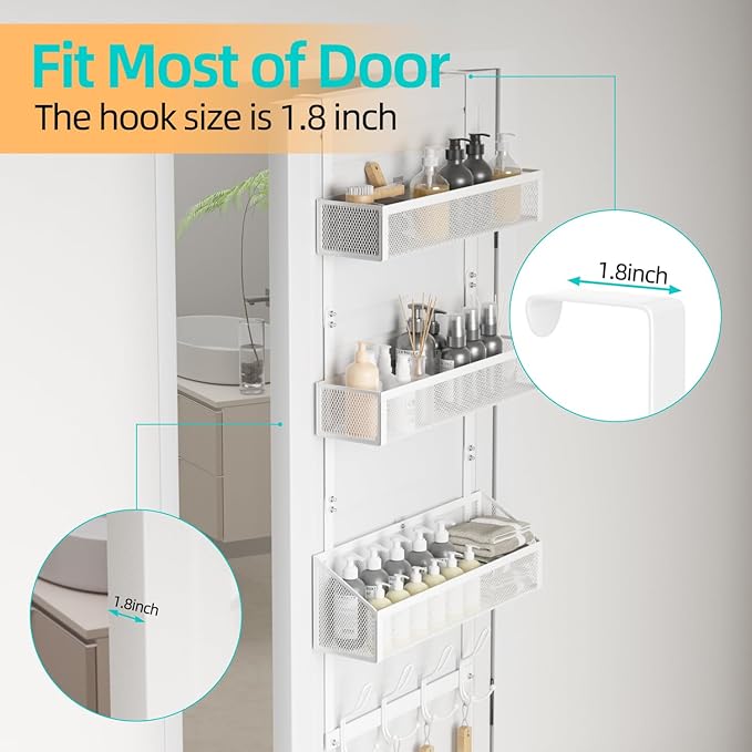 Over Door Hook Organizer 12 Hook Over The Door Organizer with 3 Mesh Baskets - Back of Door Storage Towel Rack Space Saving Storage Organizer for Bedroom, Bathroom, Kitchen, Pantry, White