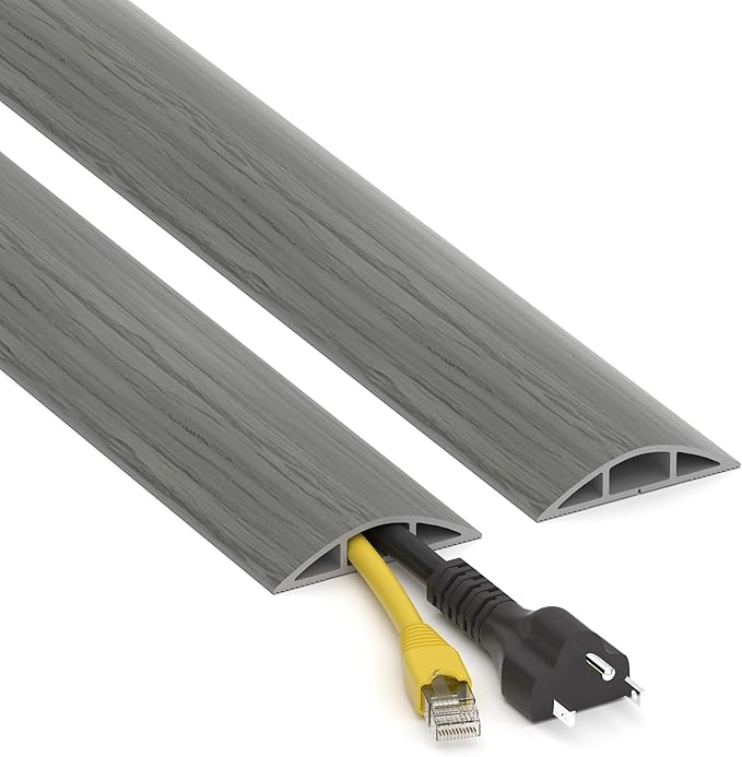 Floor Cord Cover 6ft, Cord Hider Floor Hide Extension Cords, Floor Cable Management Floor Cable Cover Wire Covers for Cords, Cable Protector Cord Cavity W0.6in x H0.32in Grey Wood