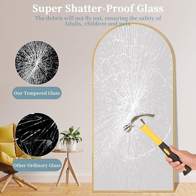Full Length Mirror with Stand, 78"x38" Arched Full Body Mirror, Large Stand Up Mirrors, Aluminum Frame Floor Standing Mirrors, Freestanding Hanging Leaning Mounted for Bedroom Living Room, Gold
