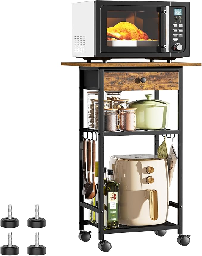 Microwave Cart, 4-Tier Microwave Stand with Adjustable Shelf, Kitchen Storage Cart on Wheels, Coffee Bar Cart Shelf for Living Room, Kitchen Island, Office, Balcony, Rustic Brown