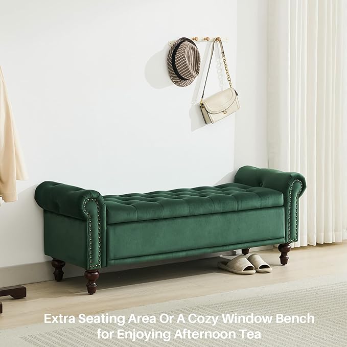 SOFTHION 58.1" Storage Bench Upholstered Velvet End of Bedroom Bed Bench Ottoman with Tufted Cushioned Rolled Arm Large Storage Space for Reading Living Room Entryway,Dark Green
