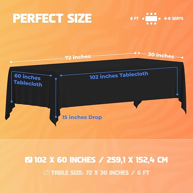 White Classic WEALUXE Black Table Cloth for 6 Foot Rectangle Tables, 60x102 inches, Water, Stain and Wrinkle Resistant, 200 GSM Washable Poly Fabric Tablecloth Rectangular, Elegant and Durable