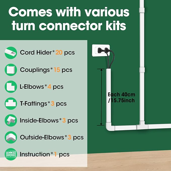AZEN Cord Hider Kit, 315in Cord Covers for Wires on Wall, Paintable Wire Covers for Cords on Wall, Wire Hiders, Self-Adhesive Cable Hider Cord Organizer, 20X L14.5X W0.96x H0.57in