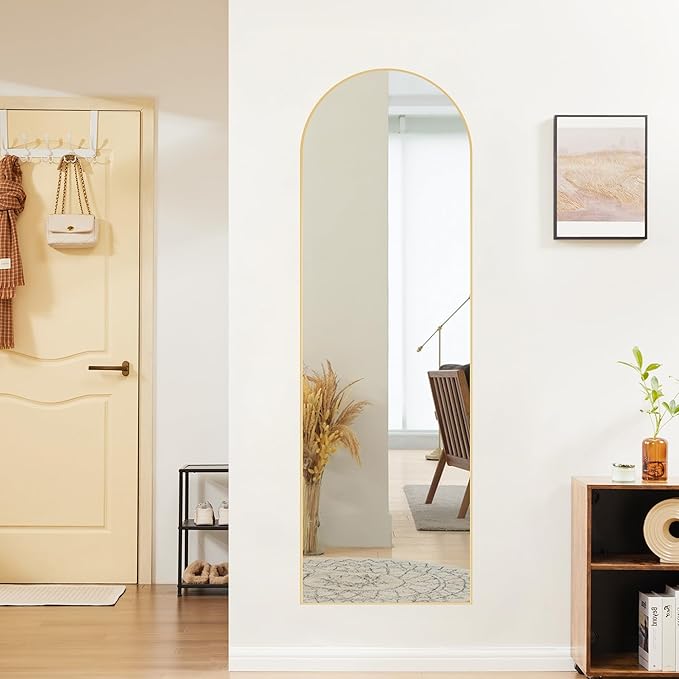 OLIXIS Arched Full Length Mirror for Bedroom, 58"x19" Full Body Mirror with Stand, Hanging or Leaning for Wall, Aluminum Alloy Thin Frame Floor Standing for Living Room, Long, Gold