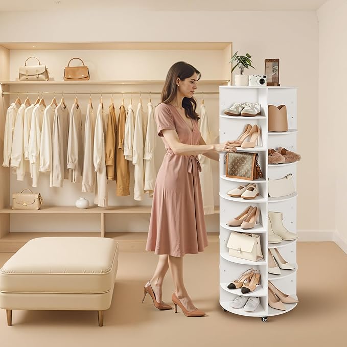 VEVOR 7 Tier Rotating Shoe Rack Tower with Adjustable Shelves, Movable 360° Spinning Carousel Display with Wheels, Lazy Susan Organizer Closet for Bedroom, Living Room, Entryway, Closet, White