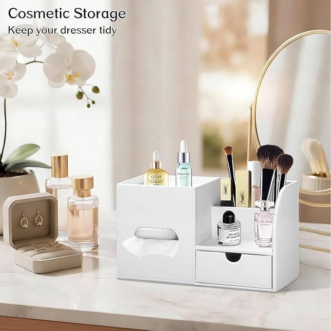 Square Tissue Box Cover with Tray and Organizer, Multi-Functional Decor Cube Tissue Box Holder, Tissue and Remote Control Holder, for Vanity, Nightstand, Bathroom, Home, Office