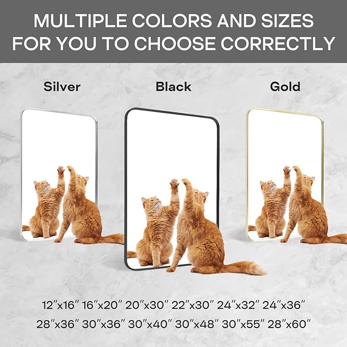 Wall Mount Mirror for Bathroom, Brushed Black Metal Framed Rounded Corner Rectangular Vanity Mirror (24" x 30", Black)