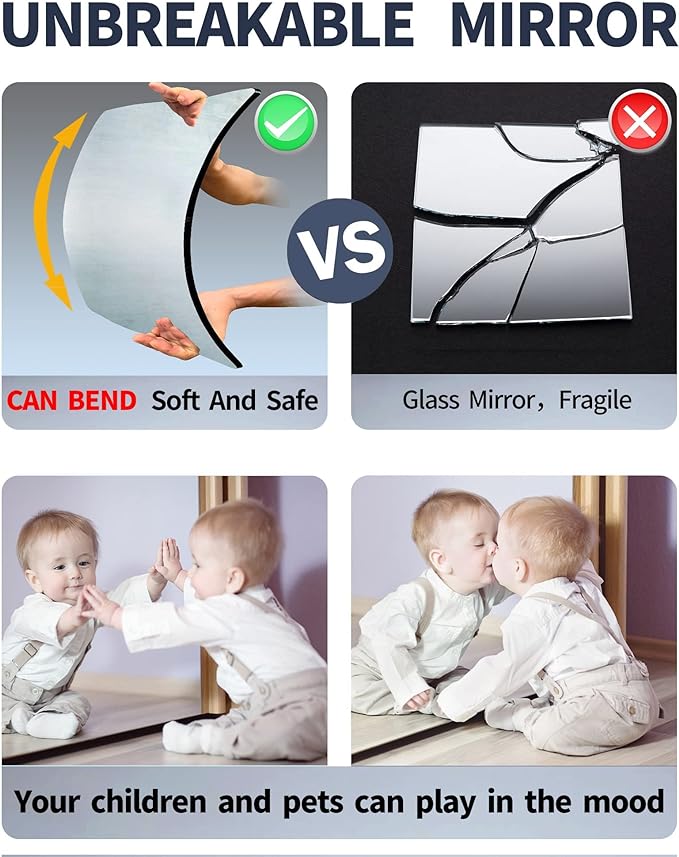 Wall Mirrors for Bedroom Door,Unbreakable Full Length Wall Mirrors Tiles,shatterproof Mirror for Kids 4 Pack 9.6" x9.6,Workout for Home Gym Body,Closet Mirror Wall Home Gym
