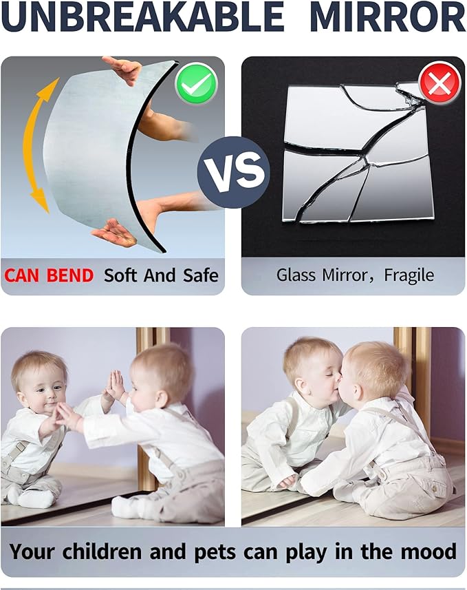 Wall Mirrors for Bedroom Door,Unbreakable Full Length Wall Mirrors Tiles,shatterproof Mirror for Kids 4 Pack 10" x10,Workout for Home Gym Body,Closet Mirror Wall Home Gym