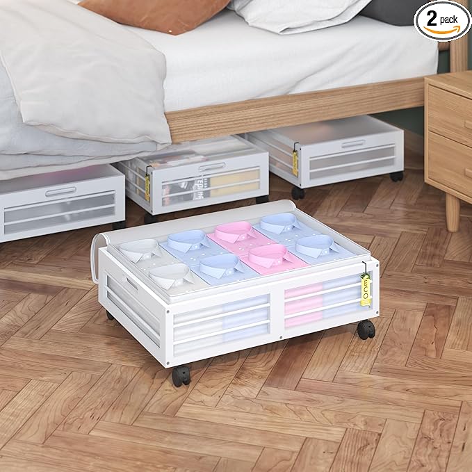 Bamboo Underbed Storage Containers with Wheels & Bag 2 Pack, Large Under Bed Rolling Storage Bins Wood Under Bed Clothes Storage Stackable Drawers for Bedroom Closet Under Crib Toy(White)