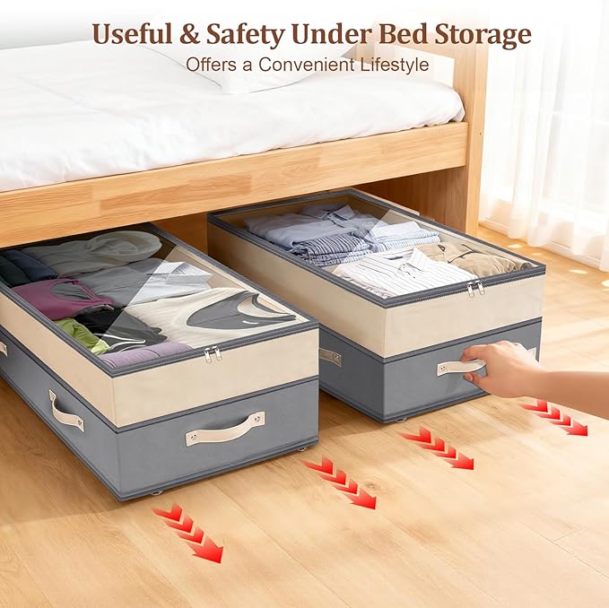 Dolicer 4 Pack Under Bed Storage with Wheels, 6in-10in Height Adjustable Underbed Storage Containers, 92L XXXL Under Bed Drawers Rolling Bin with Clear Lids for Dorm Shoes Clothes Organizers(Grey)