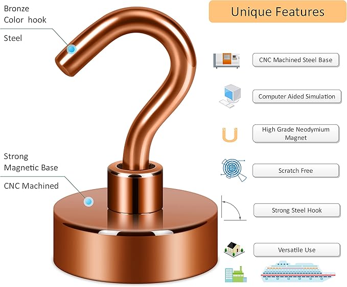 Neosmuk Magnetic Hooks, Heavy Duty 40lb+ Strong Magnet Hook for Cruise Cabins, Cruise Essentials 2026 for Hanging, Metal Wall Refrigerator Hangers (Bronze, 10 Pack)