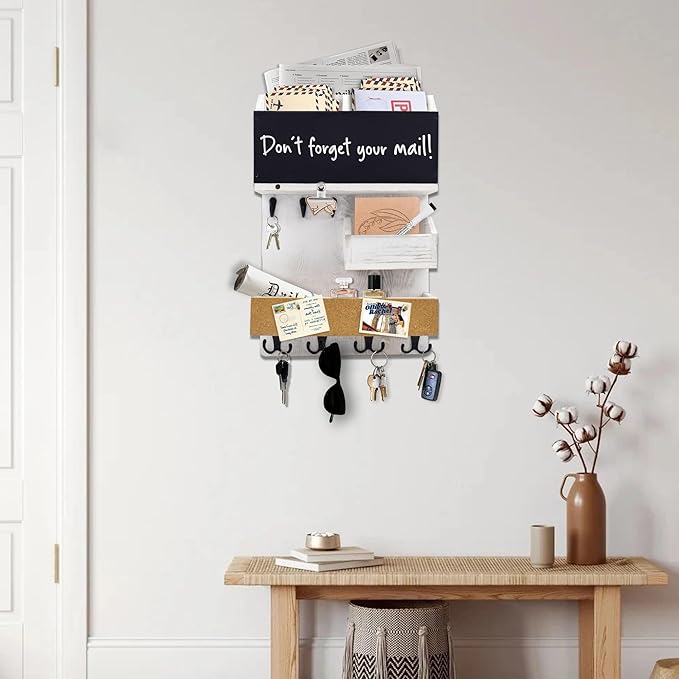 Mail Organizer Wall Mount，Key Holder Mail and Key Organizer for Wall with Shelf, Chalkboard, Corkboard, Home Decor for Room Office Entryway(Ivory White)