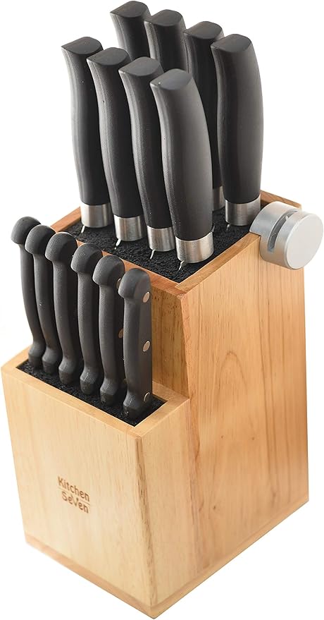 Bamboo Universal Knife Block - Knife Holder with 2 Built-In Knife Sharpeners - 2-Tiered Modern Knife Storage Up to 16 Large and Small Knives Easy Clean Wooden Knife Organizer by Kitchen Seven