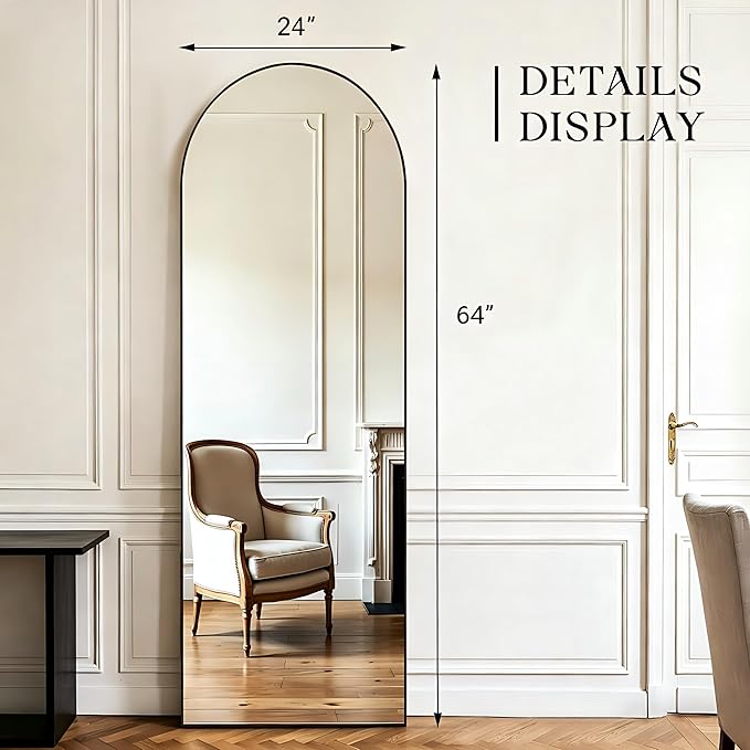 MISSDAY 65"x24" Arched Full Length Mirror, Full Body Mirror with Stand, Floor Mirror Long Free Standing, Leaning or Hanging, Aluminum Thin Frame Wall-Mounted Mirrors Wall Mirrors for Bedroom, Black