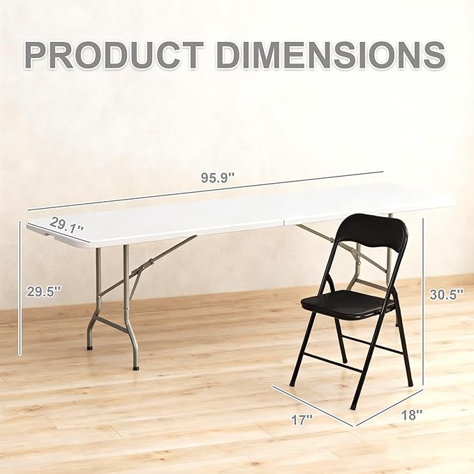 Elevon Folding Table Set with 10 Black Folding Chairs,8 Feet Heavy Duty Fold-in-Half Utility Table Sets for Picnic, Event, Training, Outdoor Activities, at Home and Commercial Use