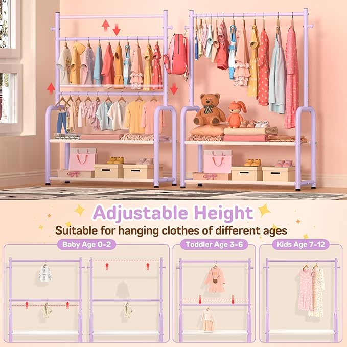 Kids Clothes Rack with 2 Tier Storage Racks and 2 Adjustable Hanging Poles, Small Baby Closet Organizer for Hanging Clothes, Kids Dress-Up Rack (Classic, Purple)