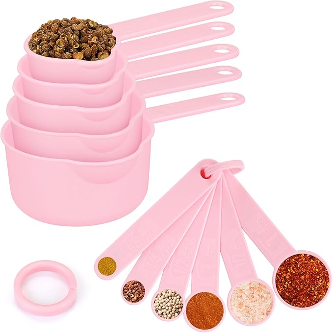 Accmor Measuring Cups & Spoons Set, Measuring Cup Set, Plastic Stackable Cups and Spoons, 11 Pcs Different Capacities Tablespoons Kitchen Gadgets Nesting Measure Sets for Dry Liquid Ingredients (Pink)