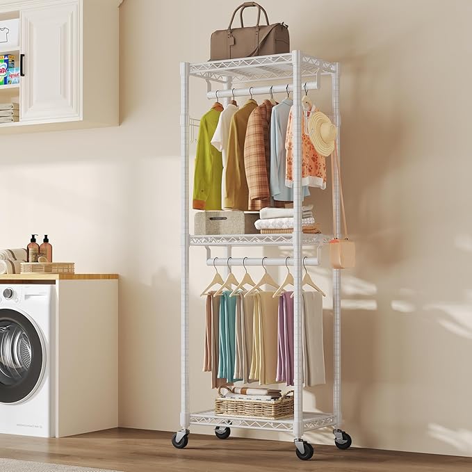NEWBULIG Heavy Duty Adjustable Clothes Rack with Wheels, Adjustable Rolling Metal Freestanding Garment Closet Organizer with Double Rods & 2 Side Hooks for Hanging Clothes, 23" x 15" x 75", White