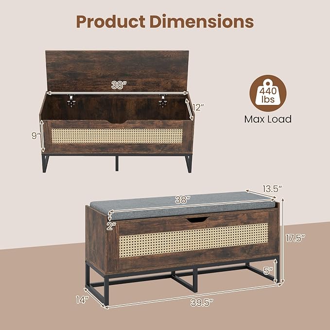 Giantex Rattan Shoe Bench, Flip-Top Entryway Bench with Removable Padded Seat & Hidden Storage, Wooden Shoe Storage Chest with Metal Legs for Bedroom, Hallway, 440 lbs Max Load (Rustic Brown & Black)